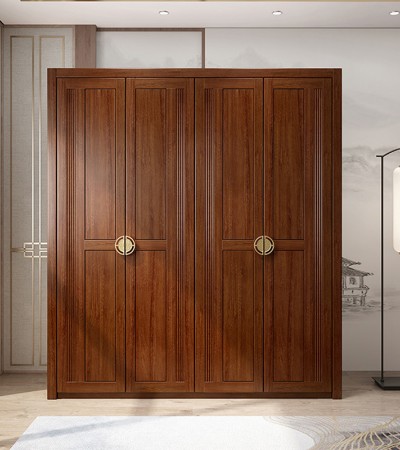 New Chinese style solid wood wardrobe Simple modern solid wood wardrobe Assembly Master bedroom Walnut wood four door wardrobe