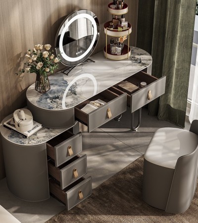 Rock board saddle leather light luxury style solid wood high-end dressing table with integrated storage, modern and simple bedroom dressing table