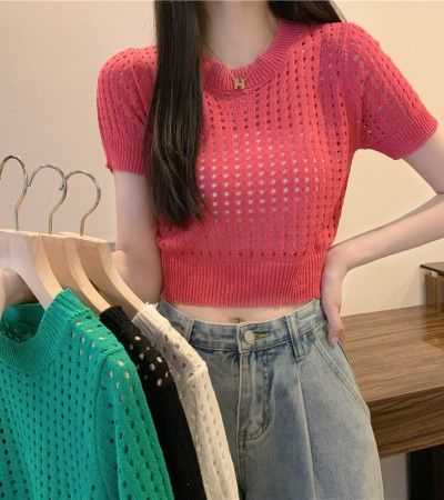 Ice Silk Hollow Solid Knit Round Neck Thin Top