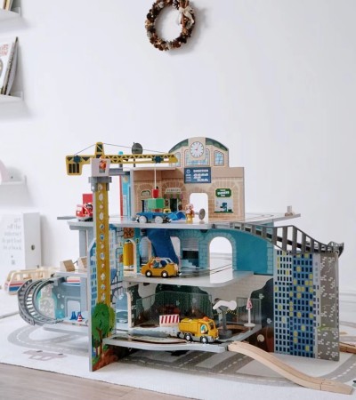 Children's train track toys, electric fantasy mining, multi-layer set, baby wooden model puzzle