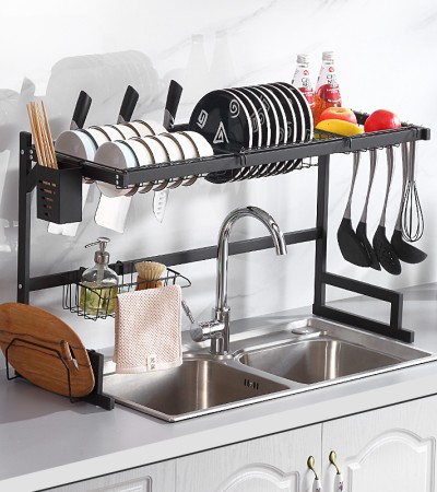 Sink rack, black dishes, drain rack, kitchen dishes, cutting board, cutting tools, stainless steel storage rack
