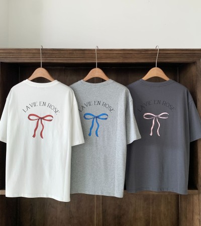 Loose printed letter bow T-shirt short sleeve woman