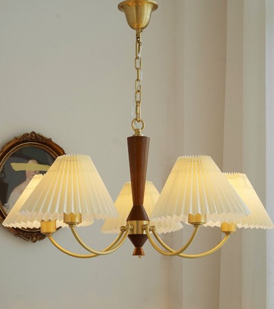 Medieval French pleated fabric all copper chandelier Nordic living room, dining room, homestay, bedroom, retro walnut wood lamp