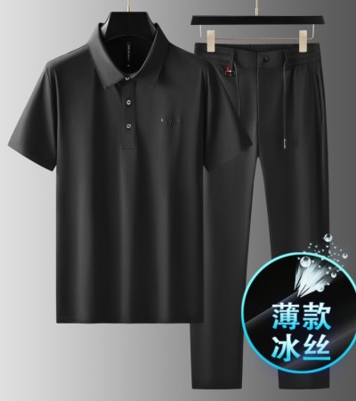 Premium Ice Silk Sports Set Men's Summer Thin Men's Set Quick Drying Breathable Casual Short Sleeve Men's Set - M