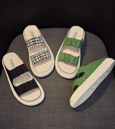 Fish mouth sandals women's 2023 summer new outside wear fashion everything casual slippers elastic canvas flat shoes