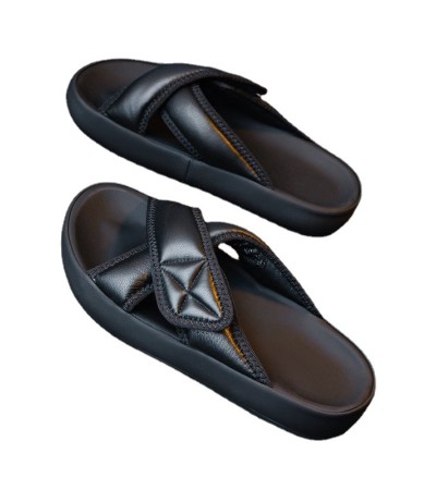 Real soft leather platform slippers female 2023 summer outside wear cross sandals fashion beach lazy Internet celebrity Velcro